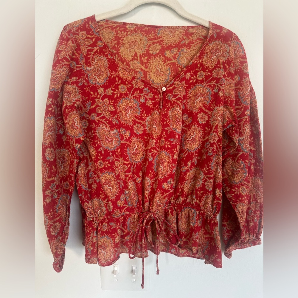 Fall Color Peasant Blouse Tie Waist 3/4 Sleeves Sz S no attached brand label